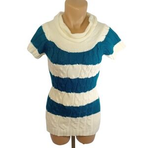 Y2K Hotlips Short Sleeve Cowl Neck Cable Knit Striped Sweater Top Cozy Fall  S/M